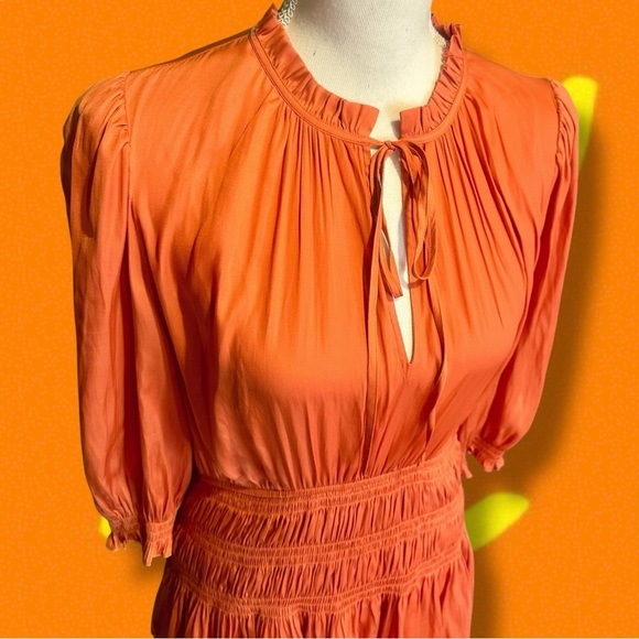 NWT Maje Orange ‘Radjinette’ Tiered Ruffle Satin Midi Dress French Size 42 = XL - Picture 5 of 16